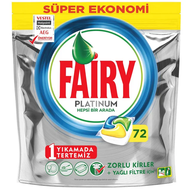 قرص ماشین ظرفشویی ۷۲ عددی پلاتینوم لیمویی فیری (Fairy)